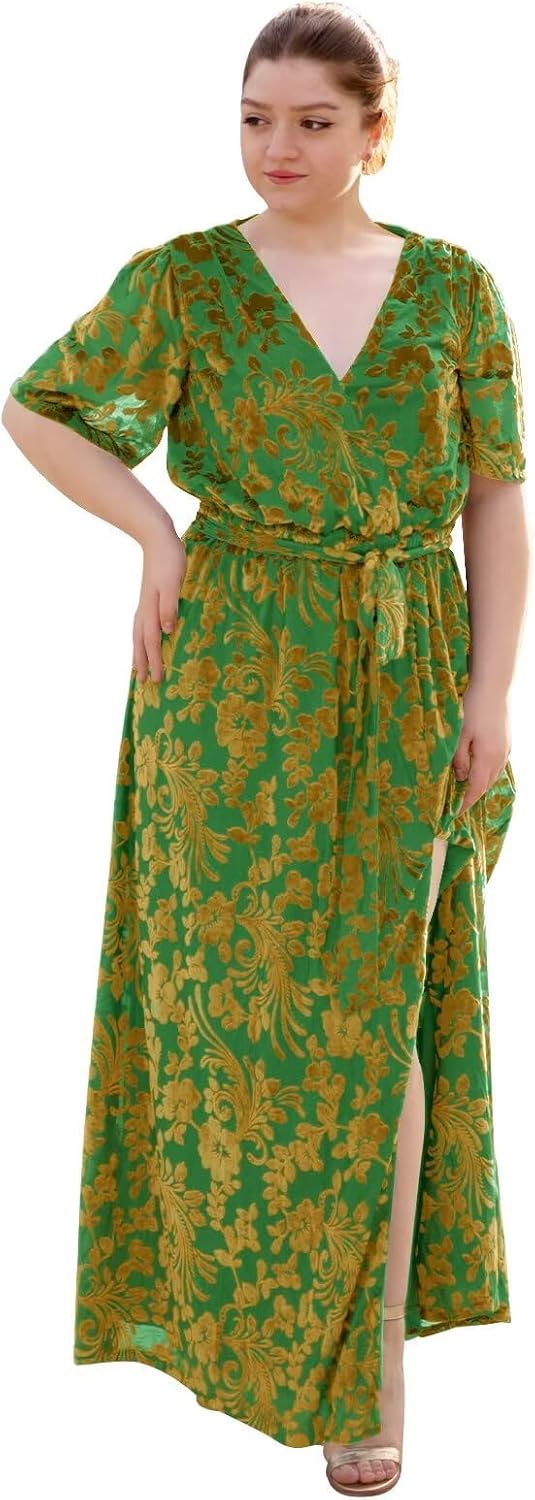 Basgute Women's Velvet Maxi Dress Floral for Wedding Guest Short Sleeve V Neck Slit Long Formal Cocktail Party Gown