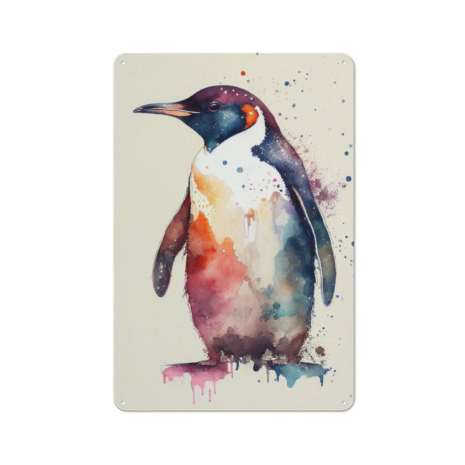 Penguin Watercolor Animal Retro Tin Sign 30x20cm for Workshop Wall, for Collectors of Retro Metal Wall Decor