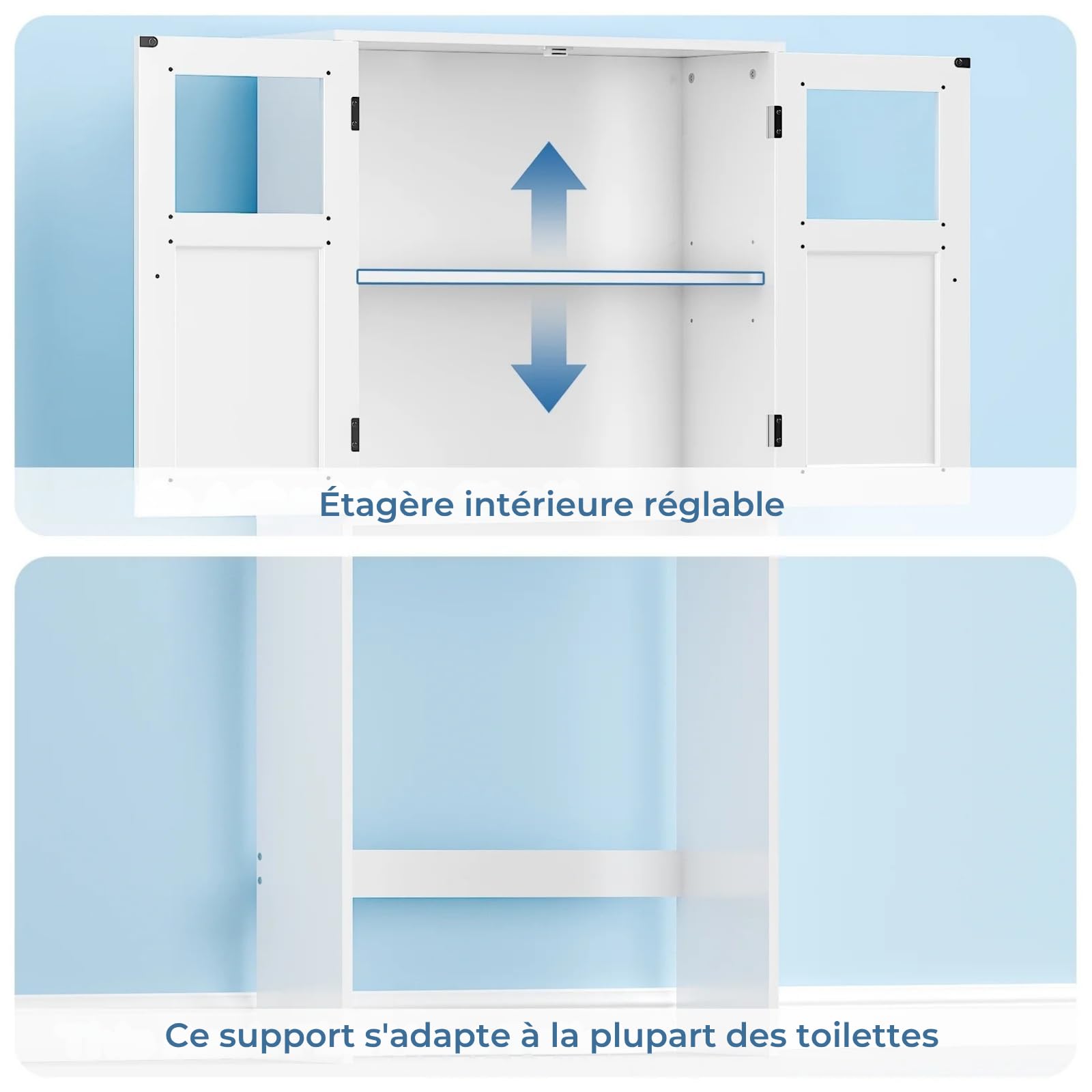 LEADZM Meuble de WC avec étagère réglable et Placard à 2 Portes Verre | Blanc