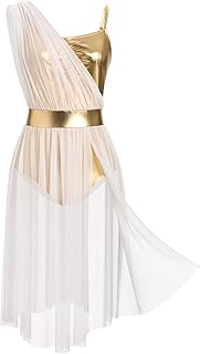 Women One Shoulder Ruffle Lyrical Dance Dress Gold Metallic Bodice High-...