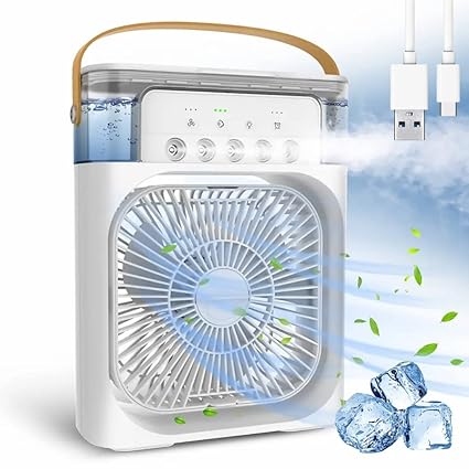 Le Delite Portable Humidifier Air Cooler Mist Fan Mini Cooler for Home with 3 Speed Mode with Water Spray, 7 Color LED and Timer, USB Personal Cooler Desk Fan for Shop, Office (White)