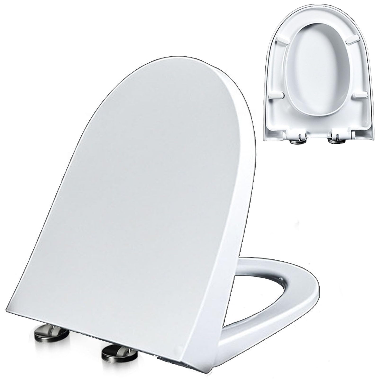 Tapa Wc Forma D Universal, Tapa de Inodoro de PP, Blanco, 02K, 48x38cm, Asiento de Inodoro de Cierre Suave con Liberación Rápida para una Fácil Limpieza, Bisagras Ajustables a 360°