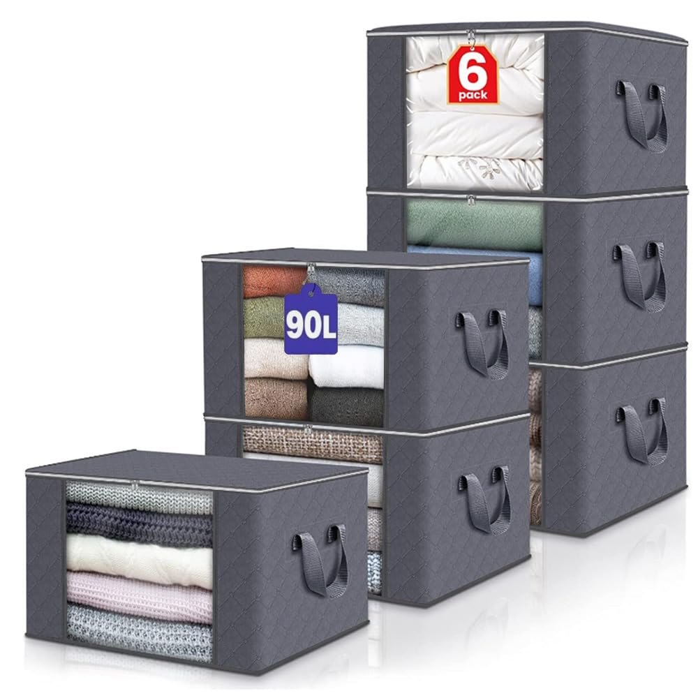 Gziztx 6 Pack 90L Storage Bags, Large Capacity Clothes Storage Boxes with Lid and Zipper, Foldable Clothes Packing Boxes with Reinforced Handle Breathable Thick Fabric for Clothing, Bedding, Blankets