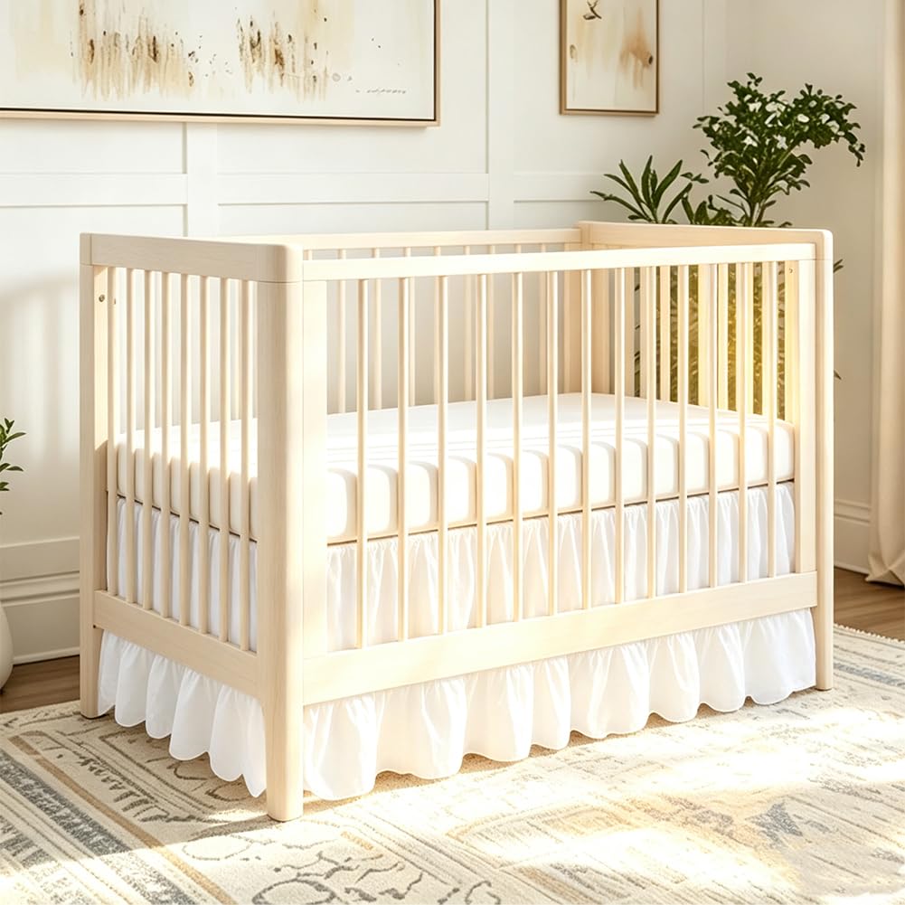 ORIGACH White Ruffled Crib Skirt for Baby, 28" x 52" with 16" Drop