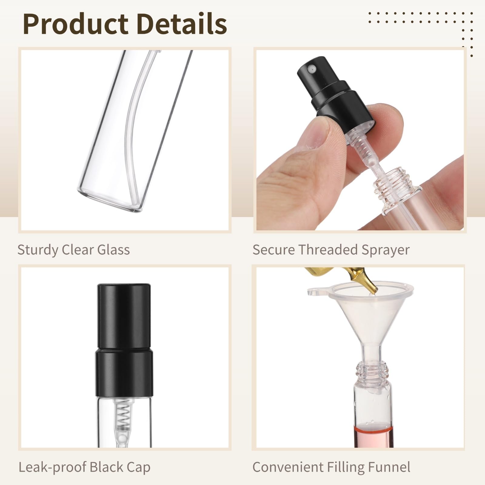 Mini butelki z rozpylaczem, 5 ml, szklane butelki na perfumy, przenośne pojemniki na próbki z czarnymi nasadkami, rozpylacze drobnej mgły, w zestawie 4 lejki i 4 dozowniki