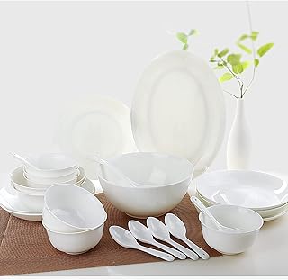 Bone China Dinner Set, Fine Porcelain Kitchen Serving Dinning Pure White Dinnerware Combi-Set with Round Cereal Noodle Bowls Dessert Deep Soup Fish Plates (23 Pieces Service for 6 People)