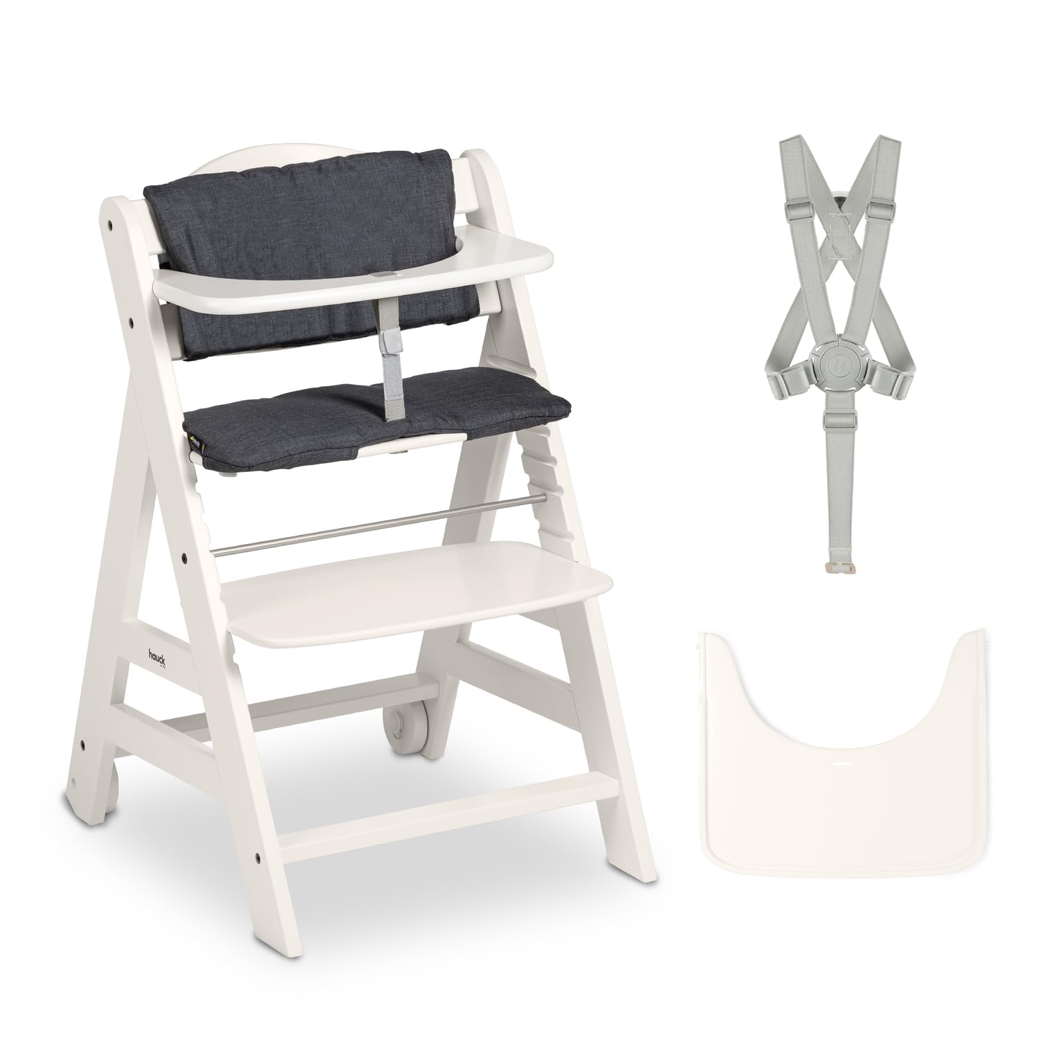 hauck Beta , Whitewashed - Meegroeiende Houten Kinderstoel Set Met Wielen En Zitkussen Vanaf 6 Maanden Tot 90 kg Inclusief Groot Eetblad Veiligheidsbeugel 5 Punt Gordel En Kruisriem