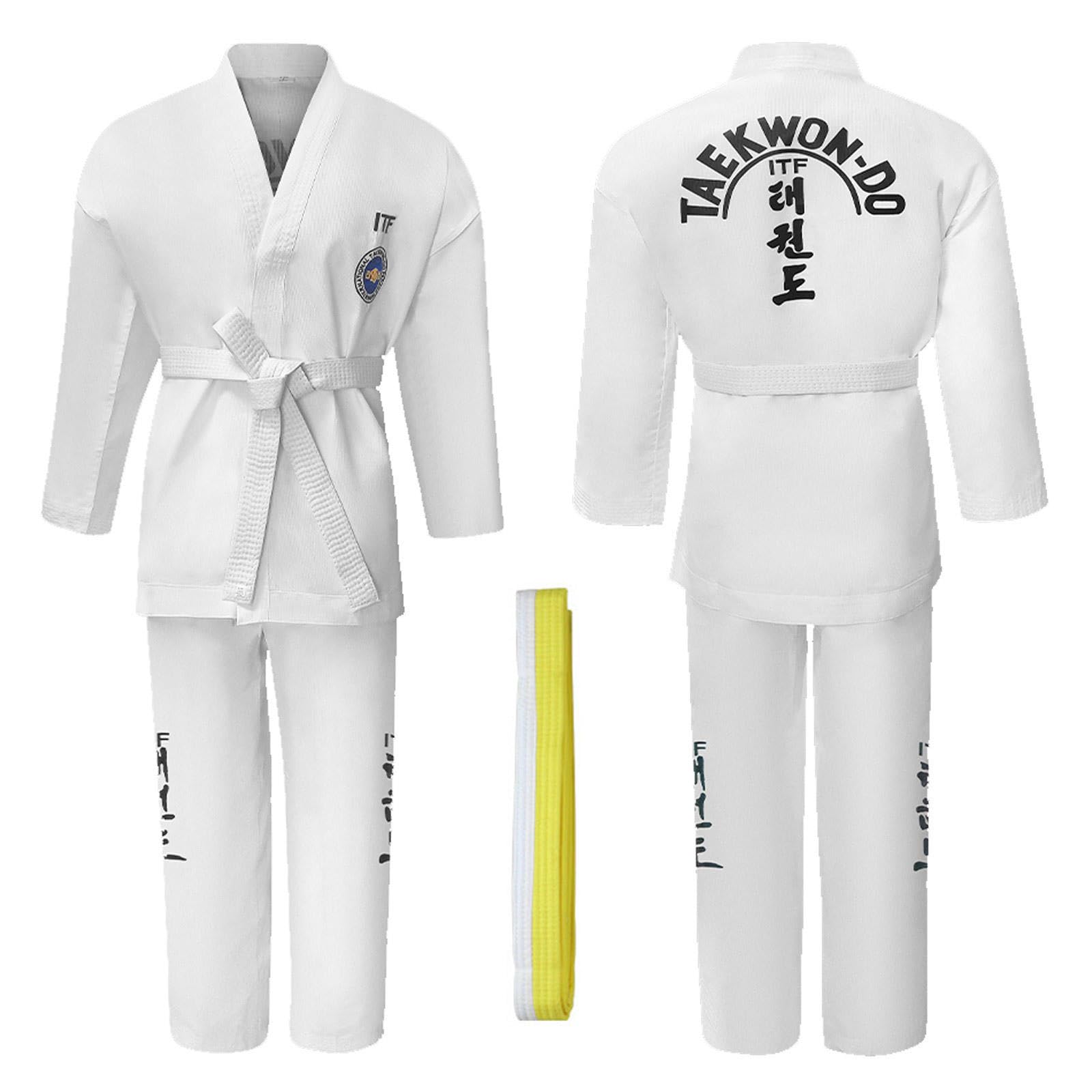 CHUIKUAJ Kimono da Karate Unisex,Judogi Uniform con Cintura Bianco-Gialla, Uniforme Professionale da Taekwondo ITF, Perfetta per Allenamento e Combattimento per Bambini e Adulti,White-160