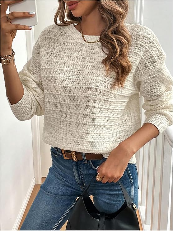 Women's Elegant V-Bow Round Neck Autumn Sweater Long Sleeved Off Shoulder Pullover4
