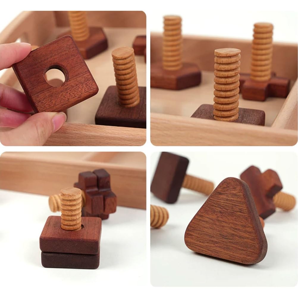 Montessori Holzschrauben-Formzuordnung-Set mit geteiltem Buchenholztablett, Kleinkind-Drehmutter-Bolzen-Förderungsspielzeug für die Feinmotorik