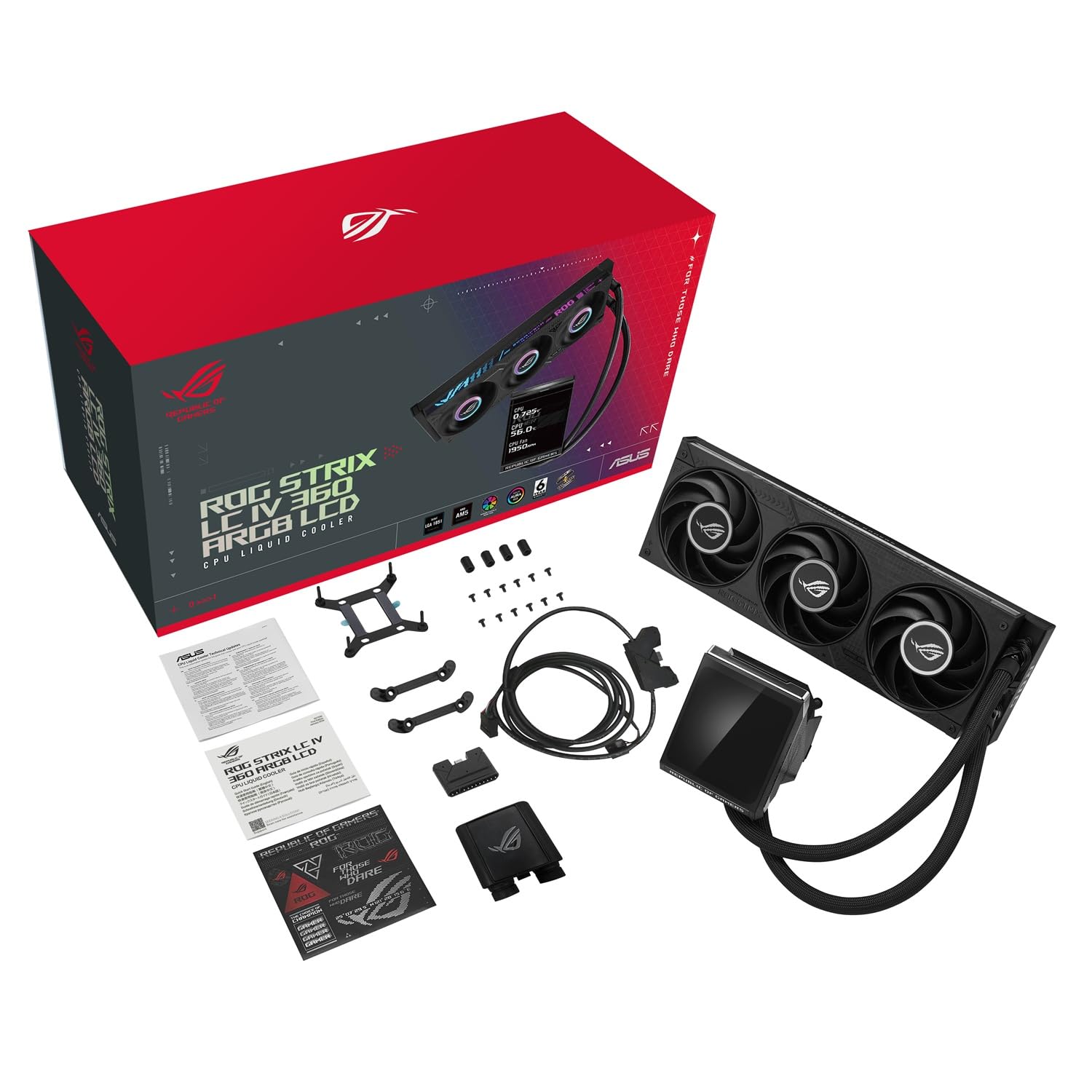 ASUS ROG Strix LC IV 360 ARGB LCD, Dissipatore di Calore a Liquido per CPU, Q-Connector per Facile Installazione, Potente Pompa, Schermo LCD IPS da 5,8", Tre Ventole ROG ARGB, Aura Edge, Nero
