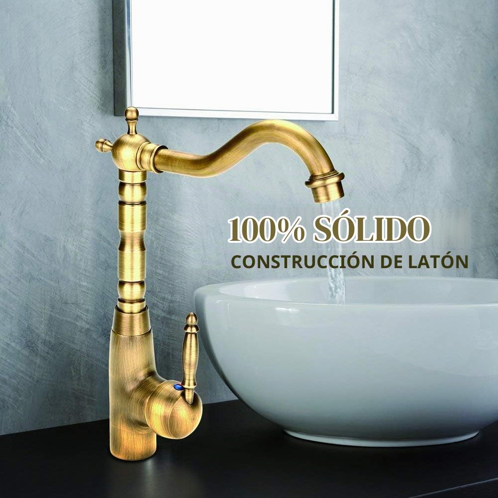 Grifo Mezclador Retro de Latón Sólido para Fregadero con Un Solo Orificio y Manija, Grifo de Agua Fría y Caliente para Cocina y Baño