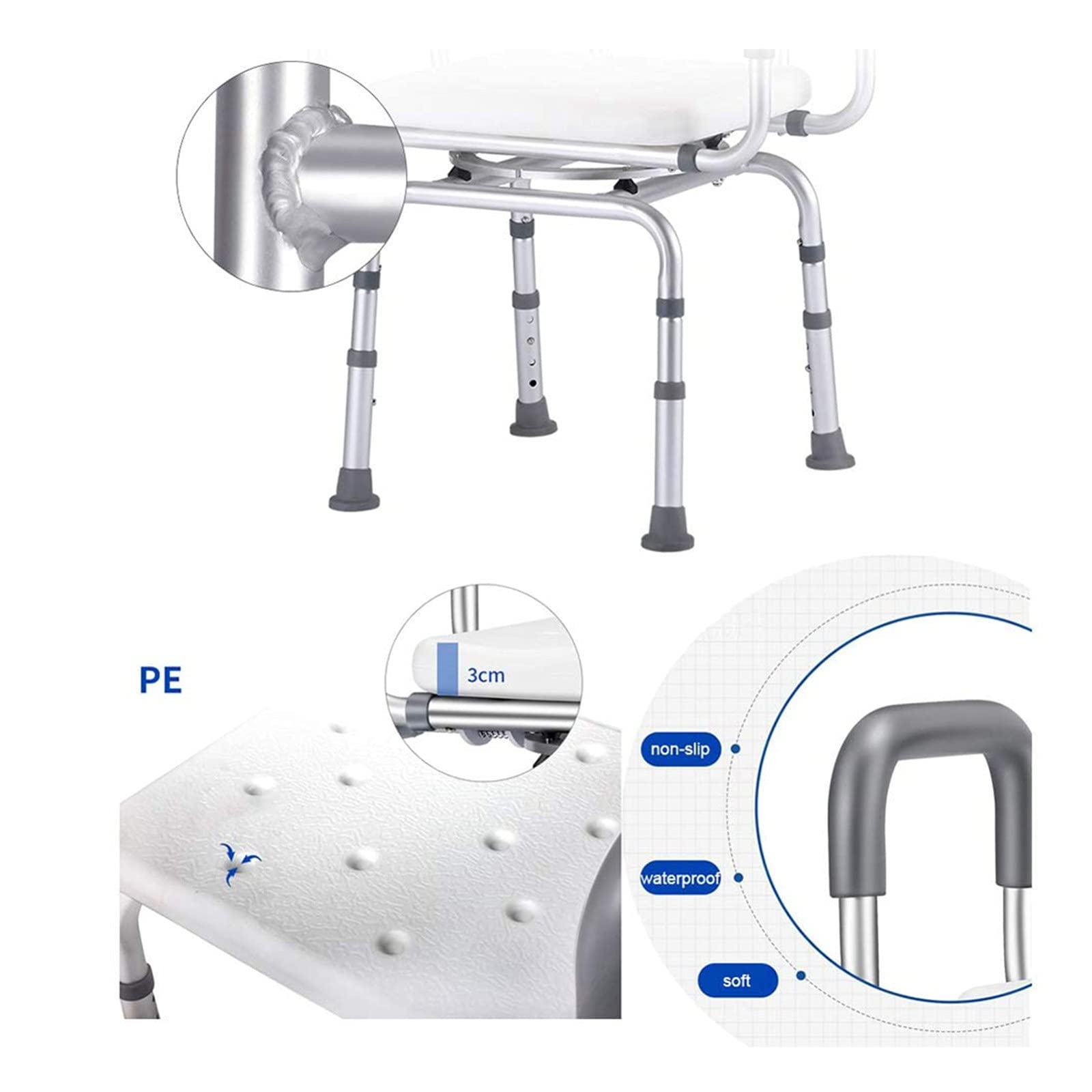 Silla de ducha giratoria resistente con brazos y respaldo, asiento de ducha, taburete de seguridad antideslizante para personas obesas, banco de ducha ajustable para un fácil acceso y comodidad en el