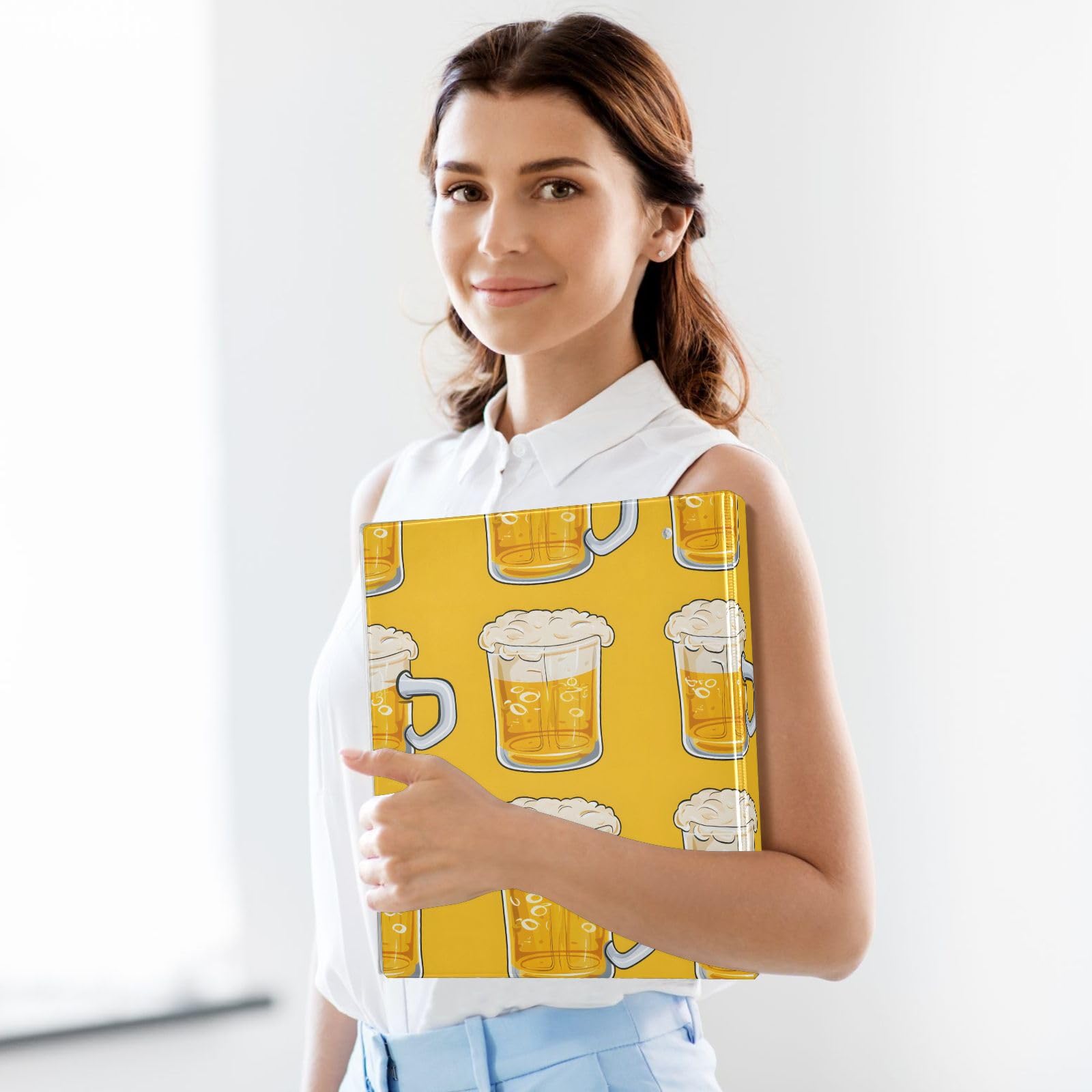 Raccoglitore a 3 anelli con stampa di birra in stile cartone animato, 3,8 cm, contiene 200 fogli con 3 tasche interne in PVC trasparente, per scuola e ufficio