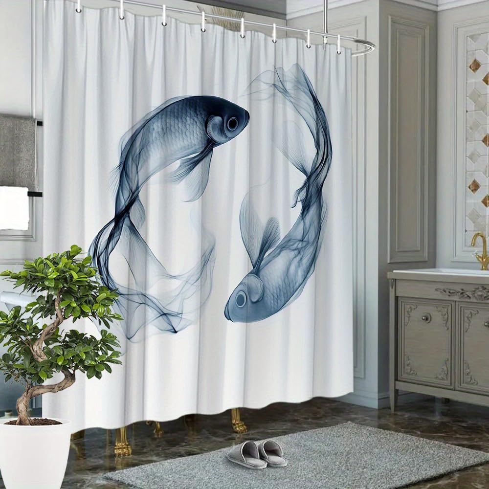 GLWDMB 1 Piece 150x180CM Blue Koi Fish Intertwined Printed Shower Curtain With Hook, Polyester, for Windows And Walls, Bathtub, Bathroom, Machine Washable, All Season Universal