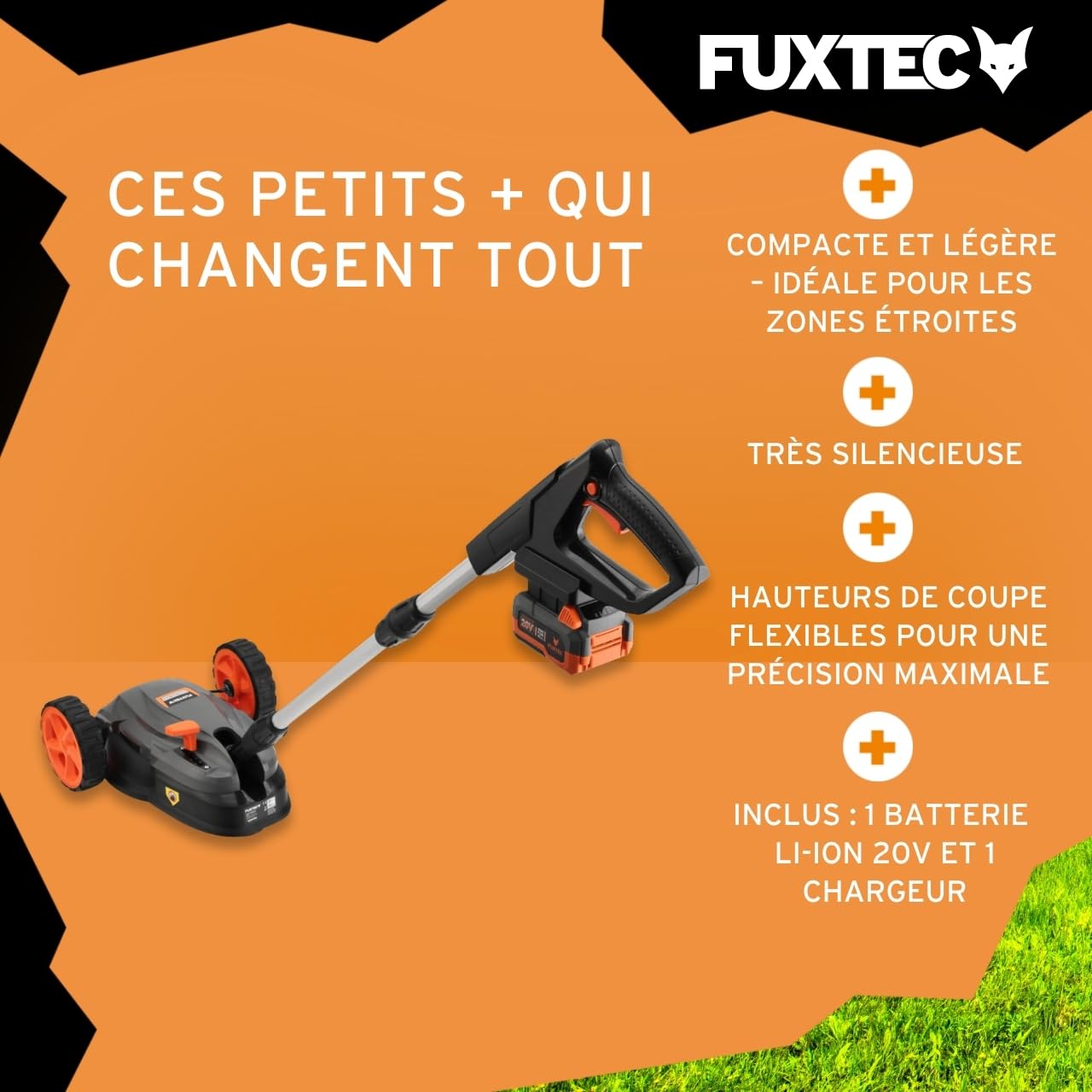 FUXTEC Tondeuse sans Fil FX-E1RMEH20 20V 4Ah 22cm 6000 TR/Min 3 Hauteurs