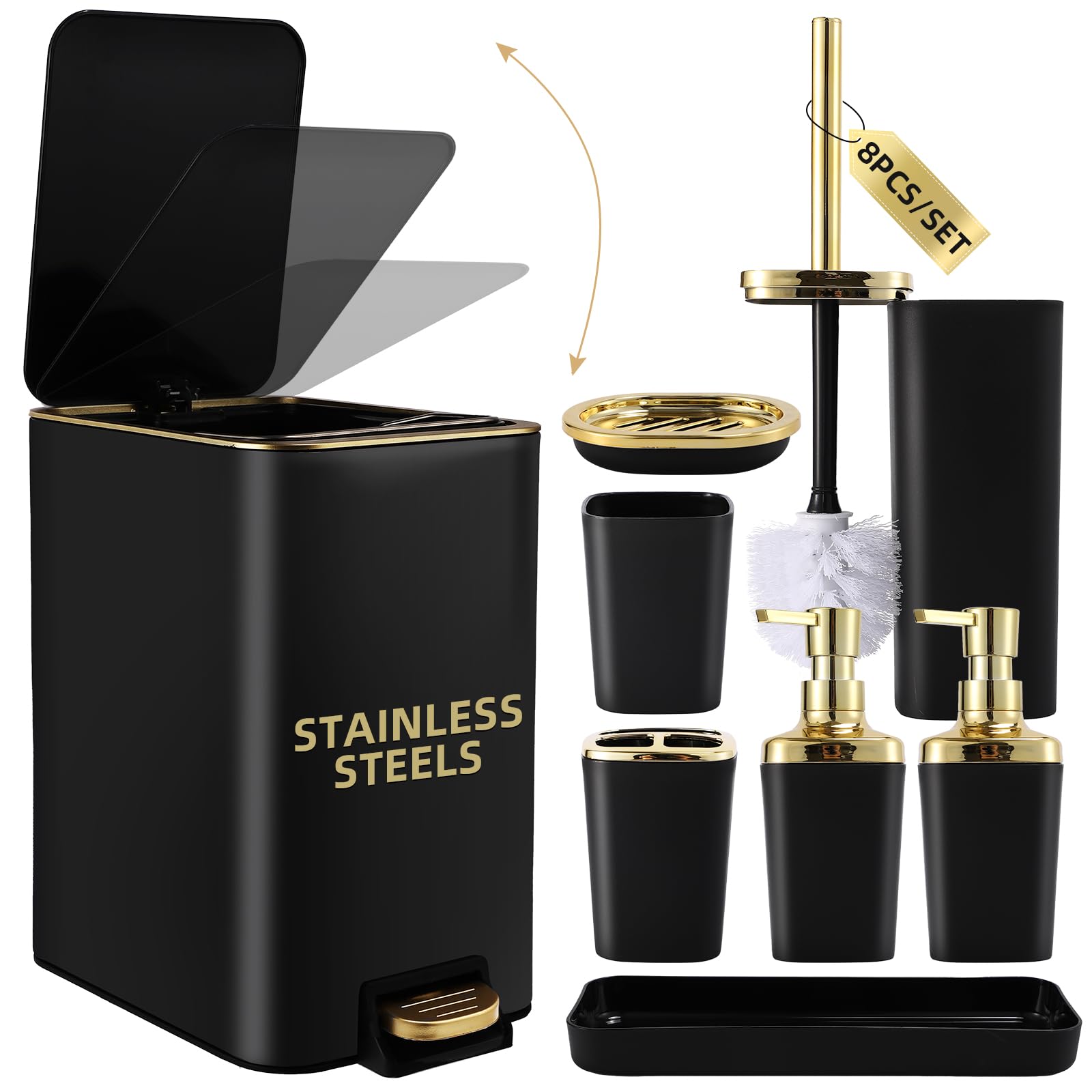 XLHOMO Black Bathroom Accessories 8 Piece Black and Gold Bathroom Set, Bathroom Accessories with Stainless Steel Bathroom Trash Can,Toilet Brush,Toothbrush Set,Soap Dispenser