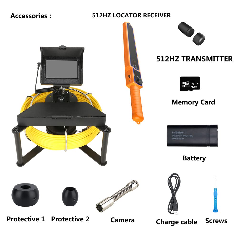 Cámara de vídeo para tuberías, Cámara de inspección tubería alcantarillado con 1 6GB DVR 512HZ Localizador tuberías Drenaje Endoscopio Industrial 4.3 Pulgadas IPS Monitor Color(30m)