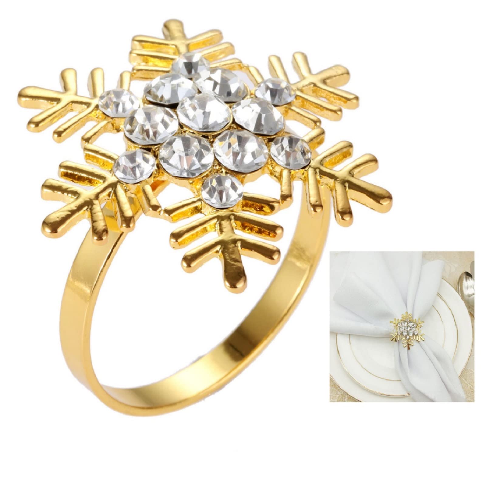 Mtsooning Gold 12Pcs Christmas Napkin Ring, Snowflake Napkin Holders With Rhinestone,For Christmas Lunch Holiday Dinners Parties Thanksgiving Party Wedding Adornment Table Decoration Accessories