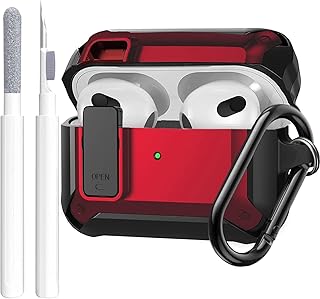 Airpods 3rd Generation Case Cover Men Lock with Cleaning Kit, OTOPO Protective Cover with Cleaning Pen Compatible with Apple Airpod 3rd Gen Case, Shockproof Rugged Shell for iPod 3 Case (Black/Red)