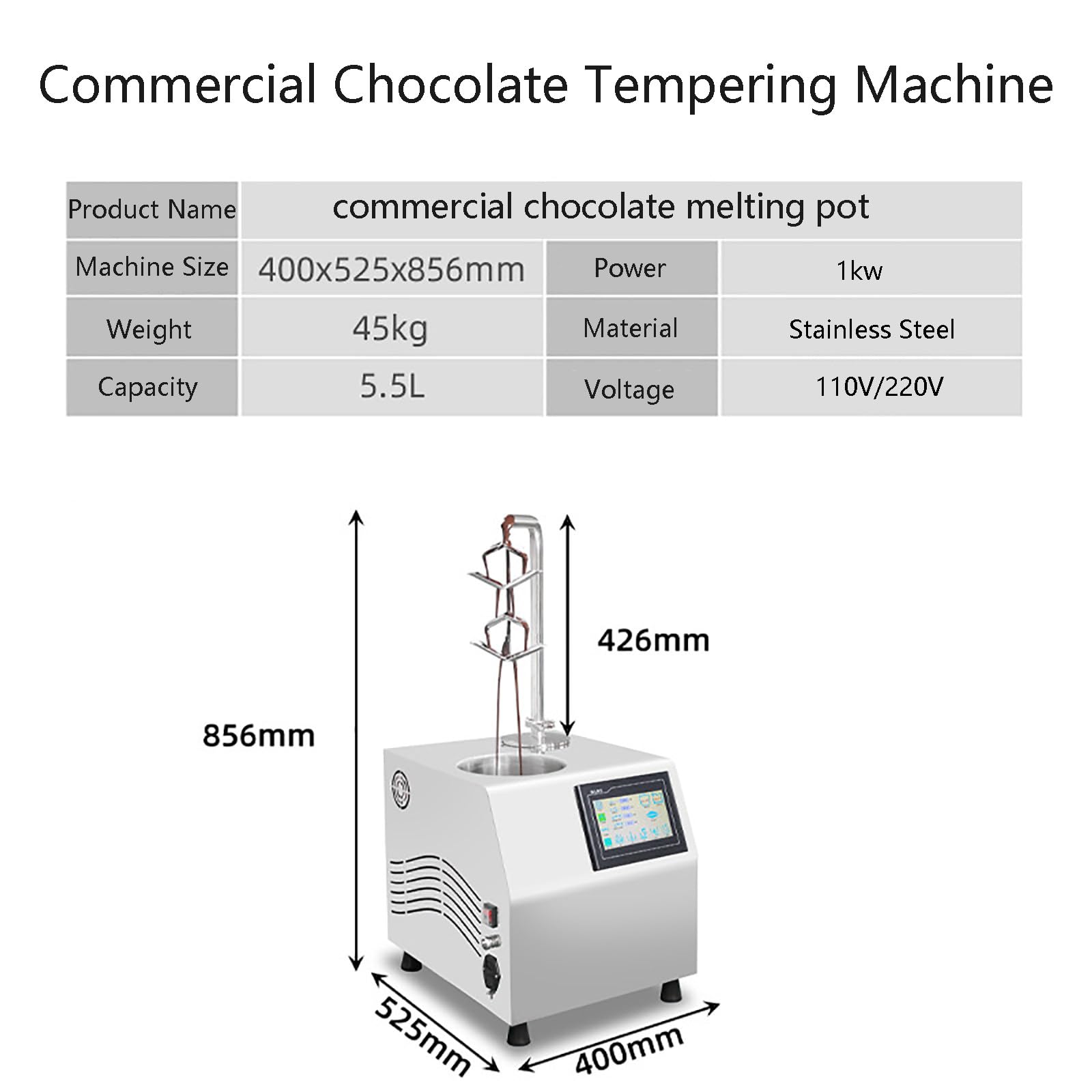 Machine de trempe de chocolat commerciale avec distributeur automatique et table vibrante, fondeur en acier inoxydable pour la production de barres de chocolat