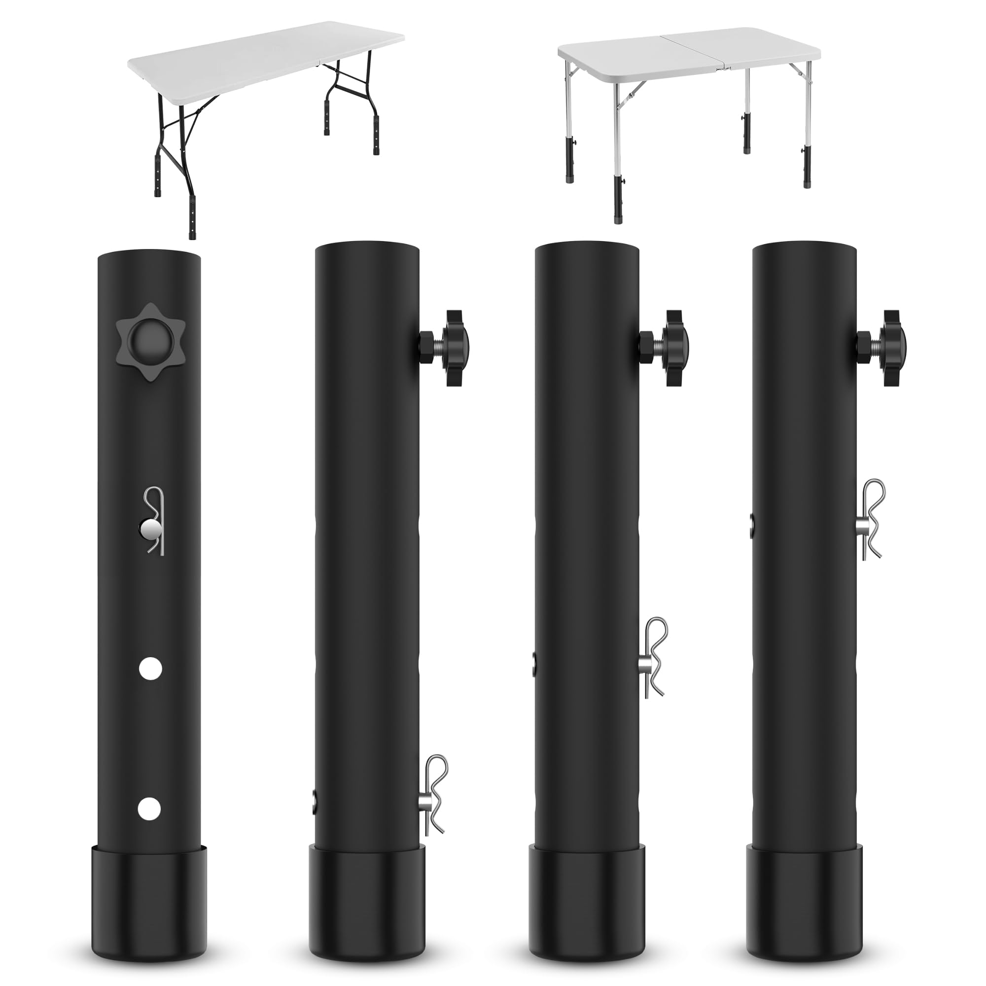 Photo 1 of Table Leg Extenders 3 Levels Height Adjustable Folding Table Leg Risers Extensions Portable Fit Straight/Bent Legs to Raise Table to Relieve Back Pain, No Tools Easy Installation (4 Pack Black)