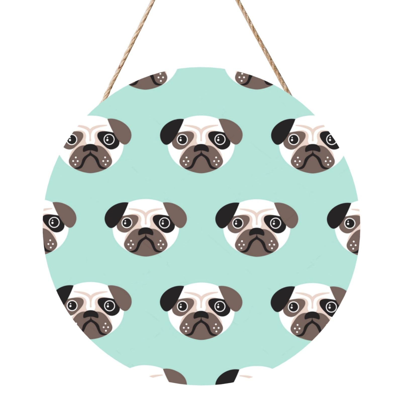 InOmak Pug Blue Puppy Illustration Kids Pattern, Round Wood Panel Painting 12 in, Wall Hanging Painting For Home