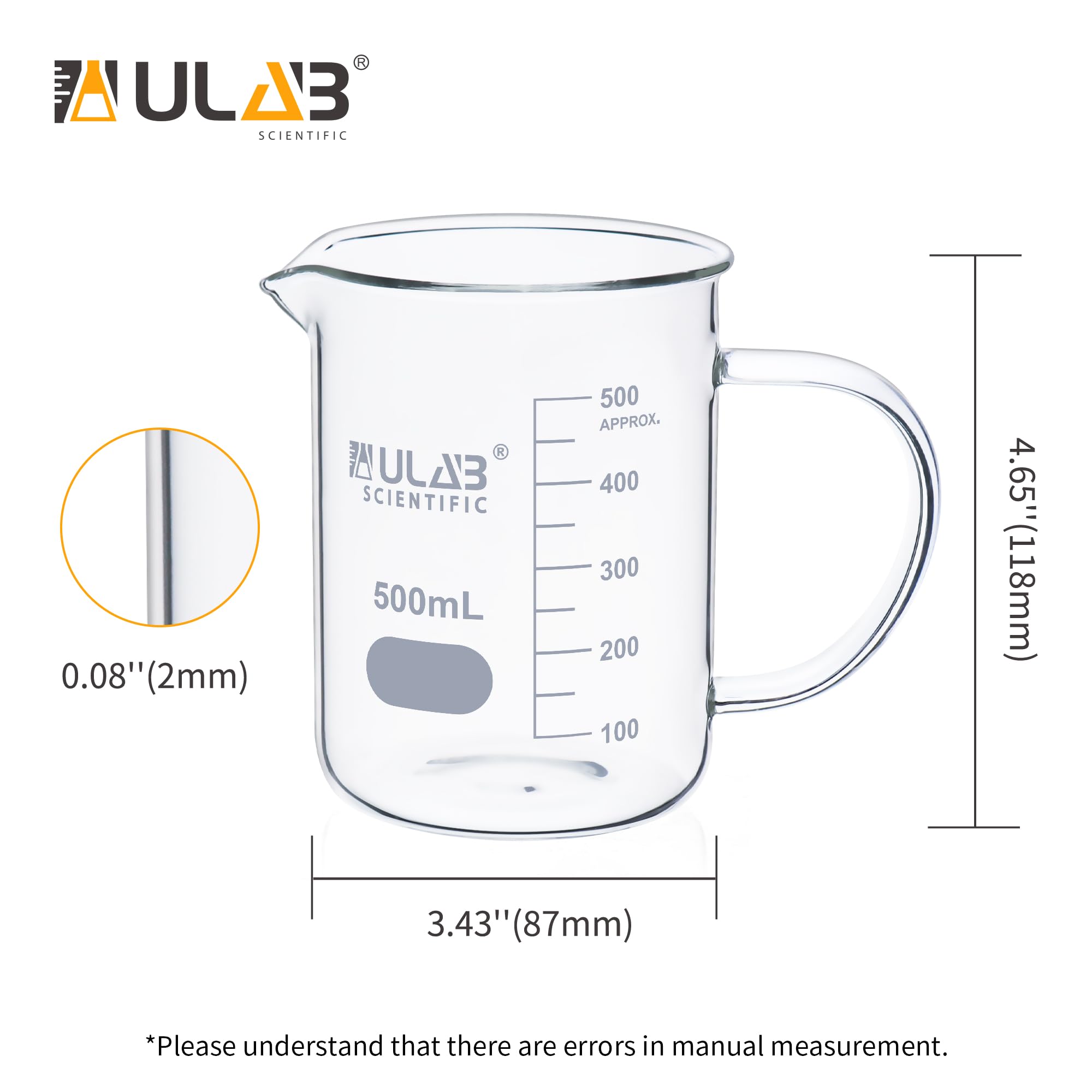 ULAB UBG1071 Lot de 4 béchers en verre borosilicate 3.3 avec poignée, vol. 500 ml, forme basse avec graduation imprimée, lot de 4
