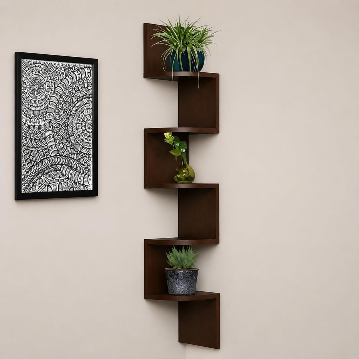 Zigzag Corner Wall Mount Shelf Racks/Book Shelf (Brown)-image-14