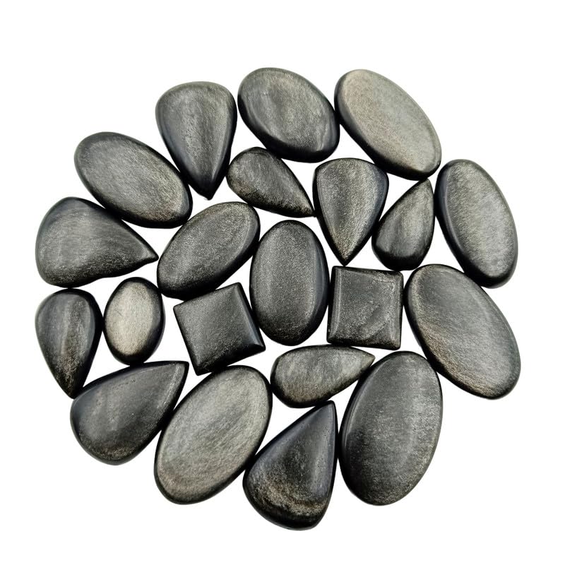SGM Shop™ Natural Silver Sheen Obsidian Cabochon Loose Gemstone Flat Back Mix A+ Quality For Jewelry Making, Crafts & DIY, Wedding Gift, Healing Chakra, Wire Wrapping Crystals-3 Pcs