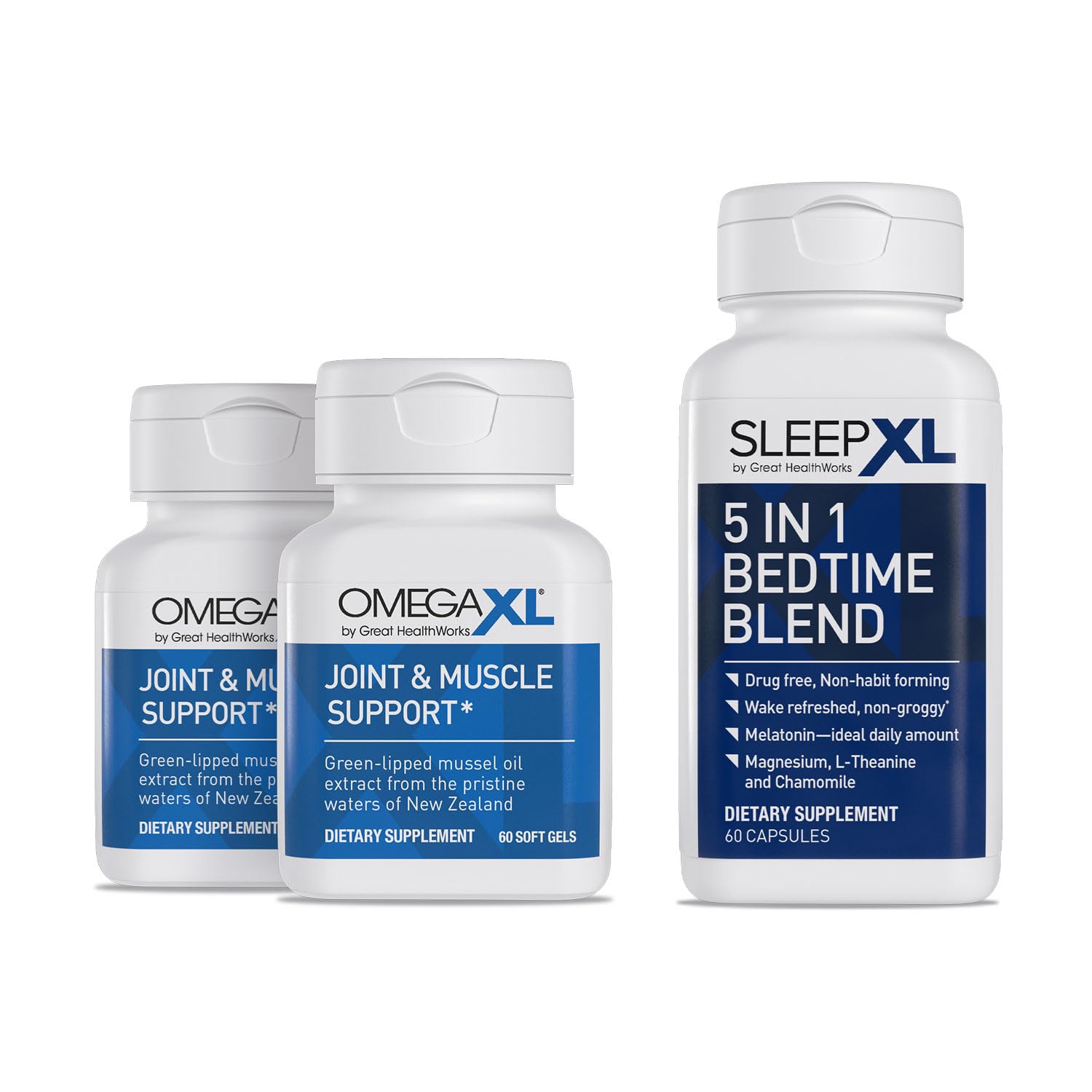 Joint Relief Supplement - Natural Muscle Support, 60 Softgels (2 Pack) & SleepXL immediate-Release melatonin, L-Theanine (Calming), Chamomile, Magnesium & B6 (60 Vegan Capsules)