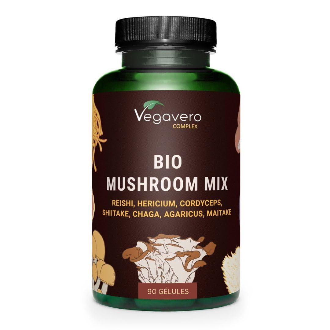 Complexe 7 Champignons BIO | Avec Extraits Biologiques : Lions mane, Maïtaké, Shiitake, Cordyceps, Reishi, Chaga, Agaricus | 1300 mg | Défense Immunitaire | Vegan & Sans Additifs | Vegavero®
