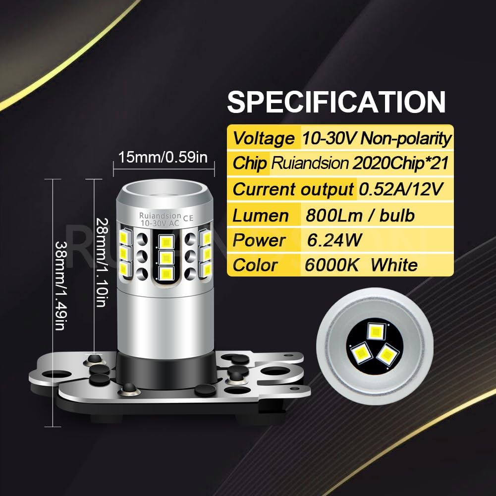 Ruiandsion PH16W LED Bulb 10-30V Non-Polarized 6000K White Super Bright 2020 21SMD Chip 360° All-Round Lighting for LED Taillight Spare Reversing Bulb Pack of 2