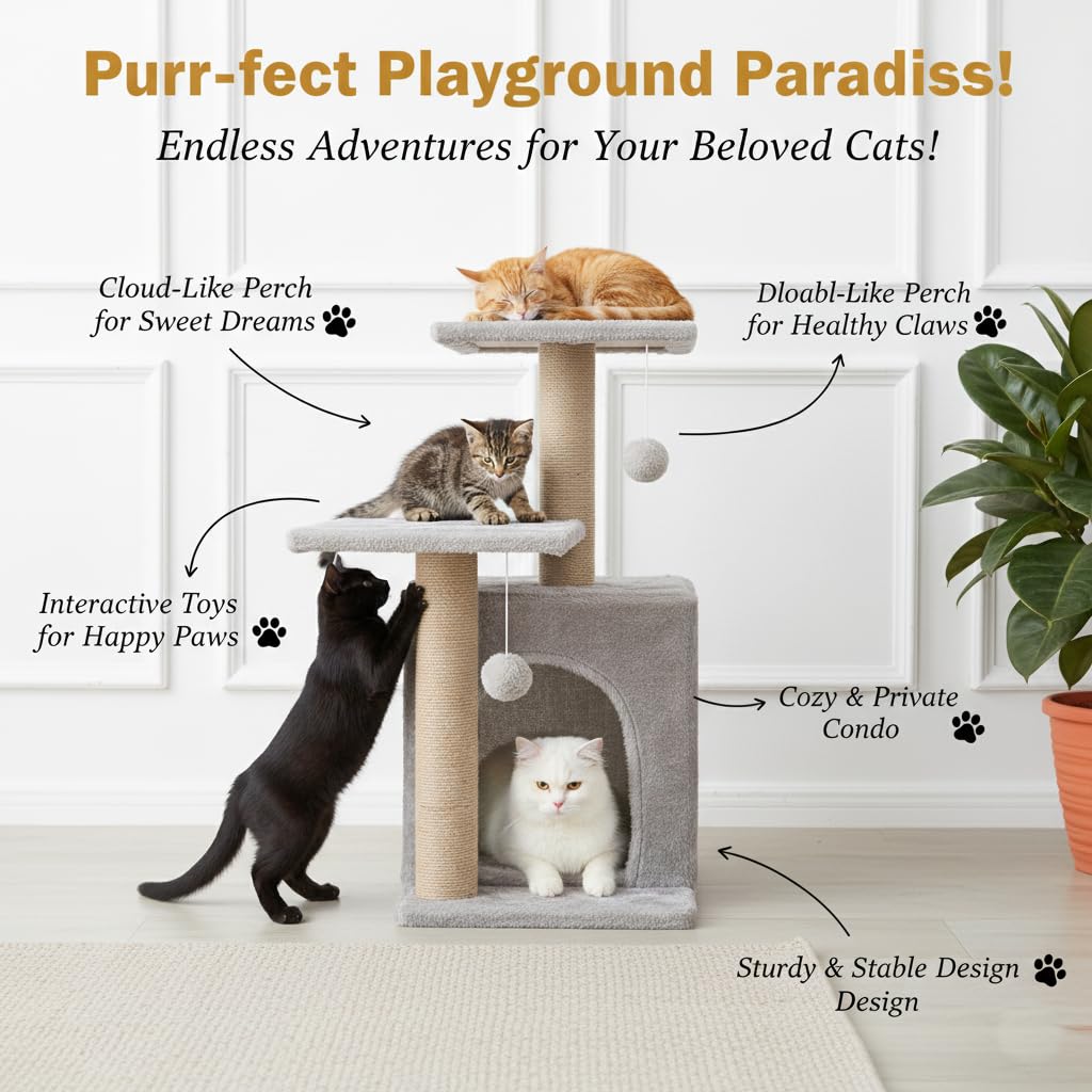 Wudyhub Cat Tree Indoor Climbing Activity Tower with Scratching Posts | Cat-02-Grey | 30x40x66 cm