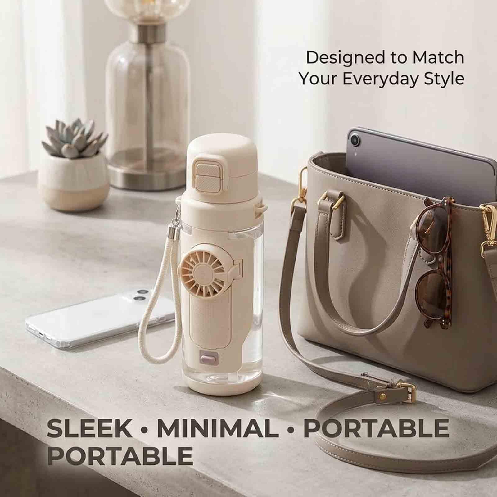 Borraccia portatile con ventola, 2 in 1, con ventola pieghevole integrata, 3 velocità, USB-C, ricaricabile, a prova di perdite, con cinghia, per viaggi, palestra, escursionismo