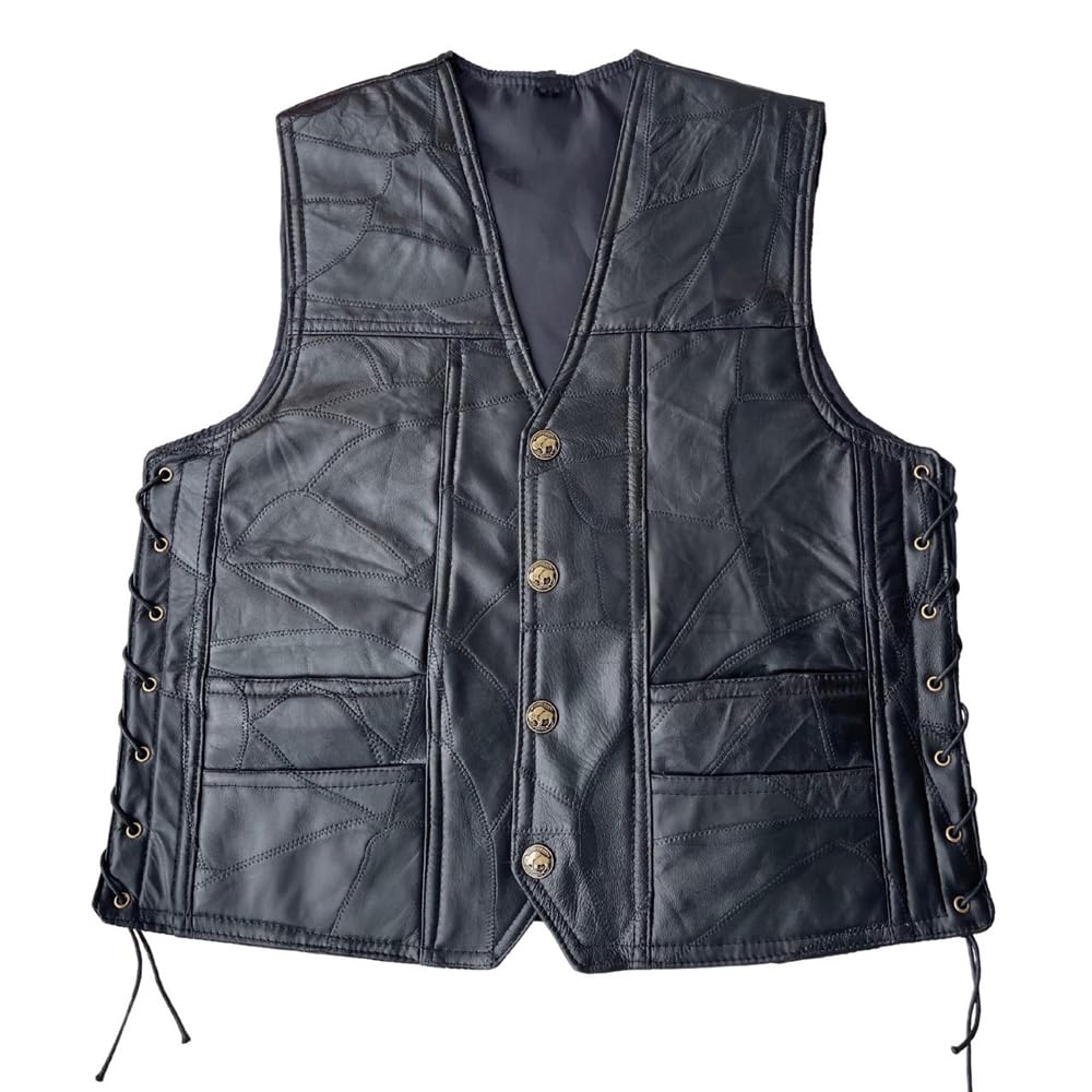 Gilet da Moto in Pelle da Uomo, Patch Ricamati, Aquila Americana