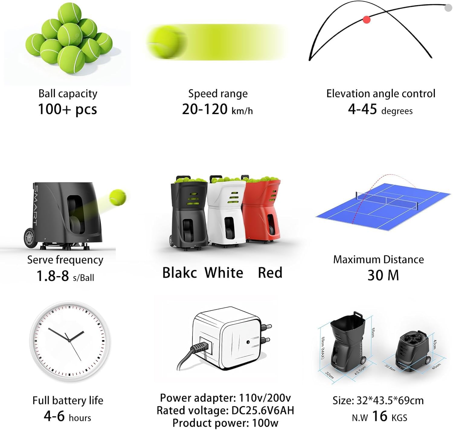 PT-Smart - Lanciatore di palline da tennis per tutti i livelli di allenamento e pratica - Trapani pre-programmati e personalizzati, design leggero - per principianti e giocatori intermedi