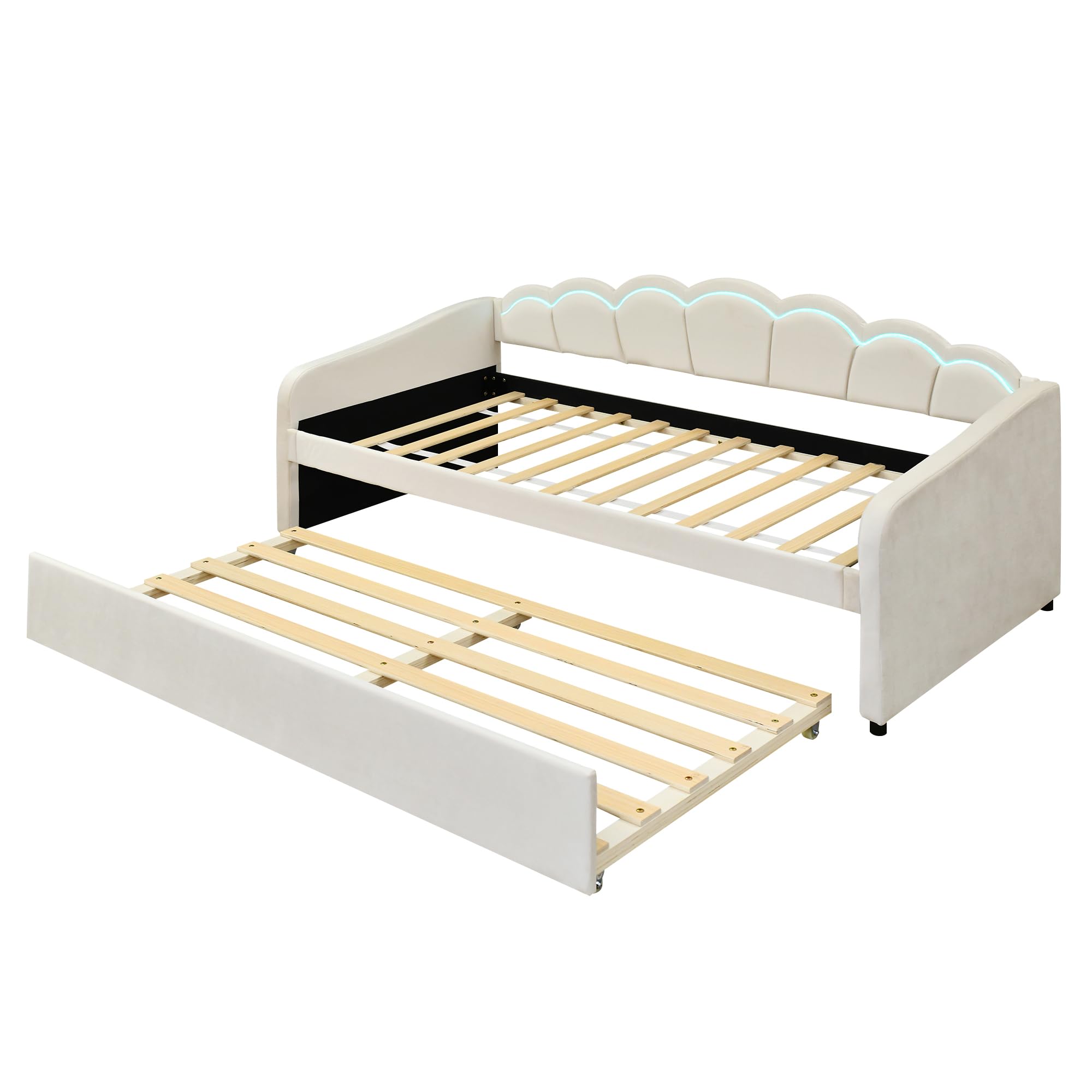 Letto da giorno, 90 x 200 cm, con letto estraibile, divano letto, letto singolo, velluto, luce ambientale che cambia colore, senza materasso (Beige)