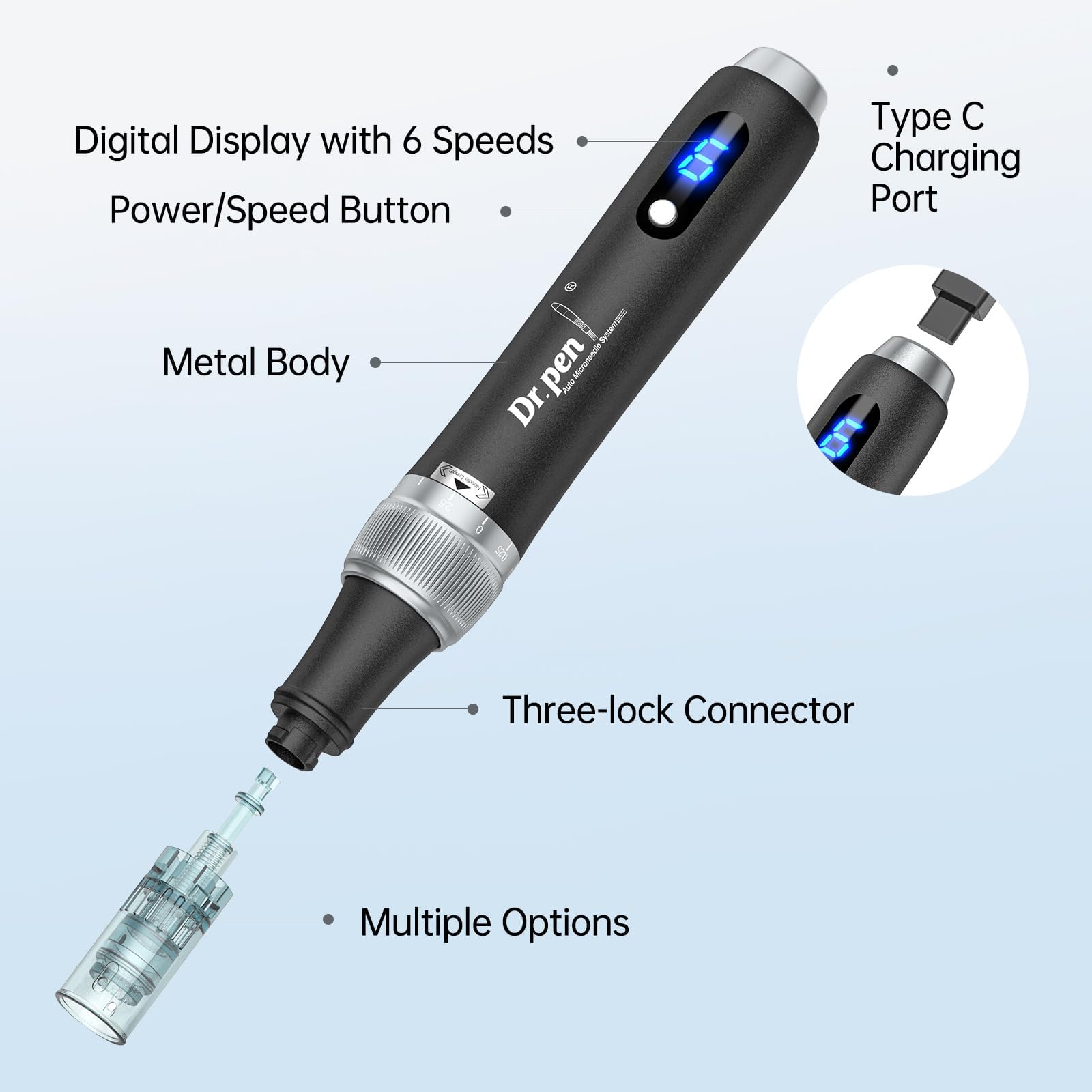Dr.pen Microneedling Pen for Home Use - DR.PEN HANDPIECE with 20Pcs Replacement Cartridges -Professional Skin Care Tool Beauty Kit for Man and Women - 0-2.5mm - Dermal Roller Stamp Pen for Face, Hair, Beard, Scalp - 3
