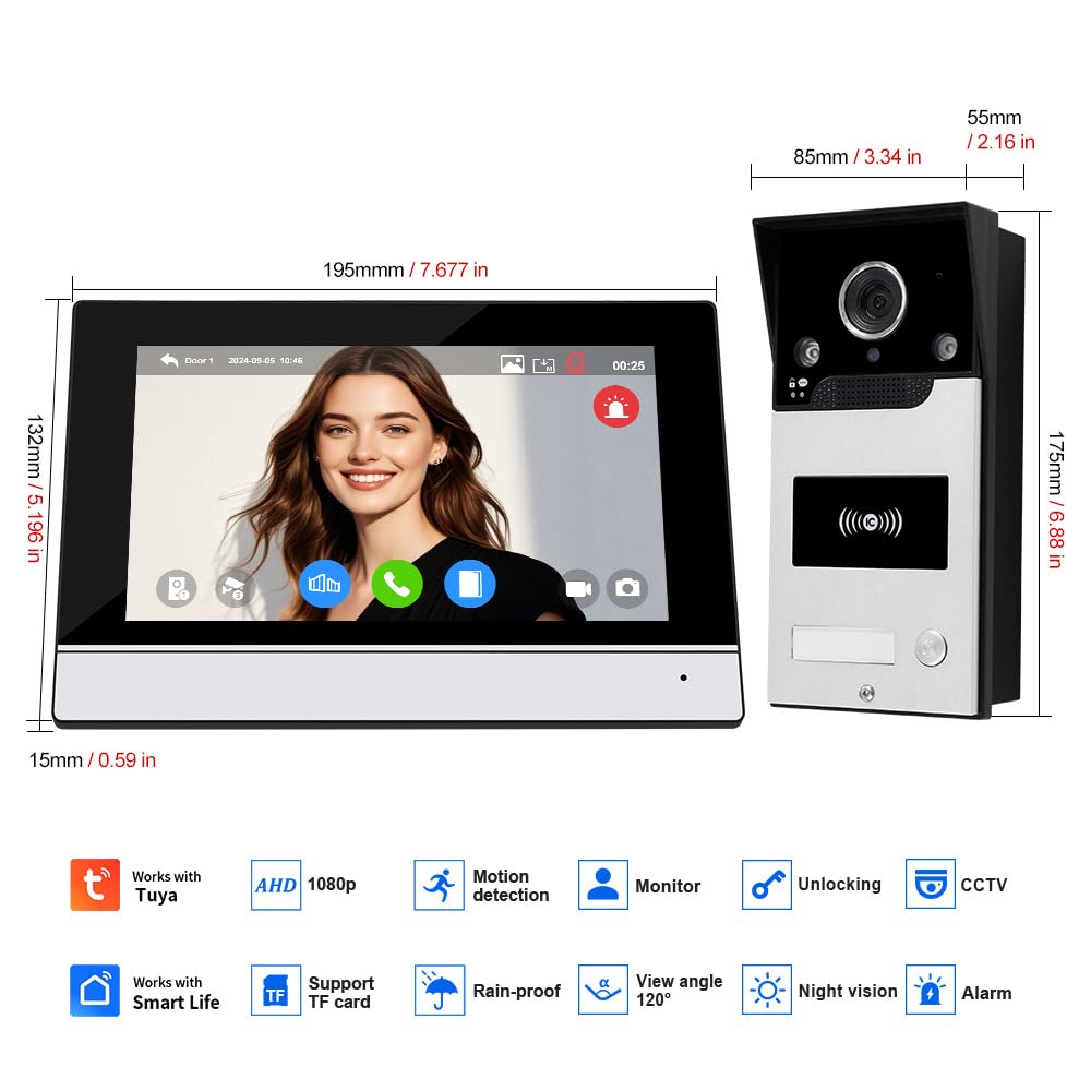 Tuya WiFi Video Intercomunicación Sistema de Timbre de 7 Pulgadas Pantalla Táctil de Color Interfonos Cámara 1080P, Visión Nocturna IR, Tarjeta RFID App Desbloqueada a Distancia
