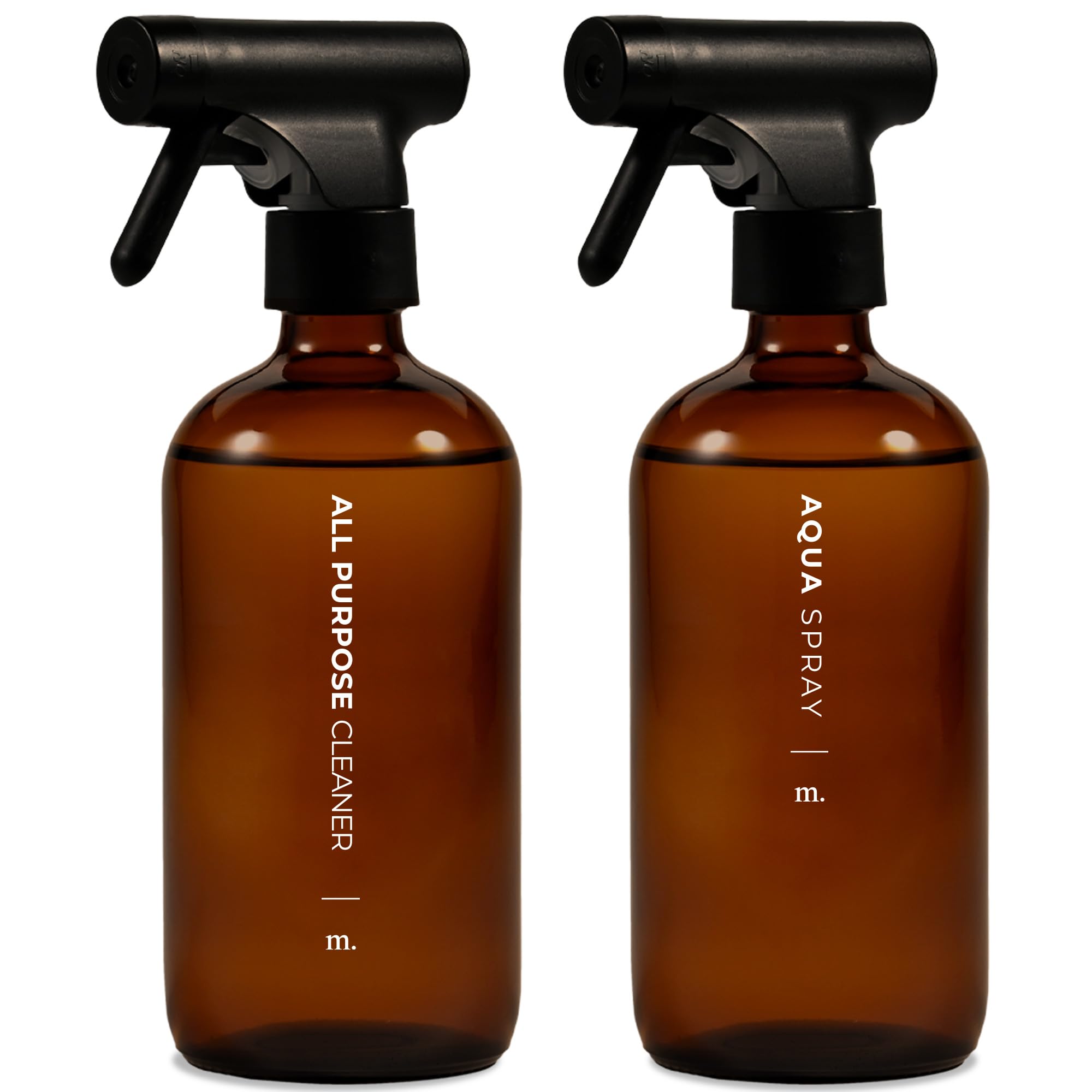 MaisoNovo Glass Spray Bottles For Cleaning Set of 2 - Amber 500ml Refillable Water Spray Bottle Glass, 16 Labels