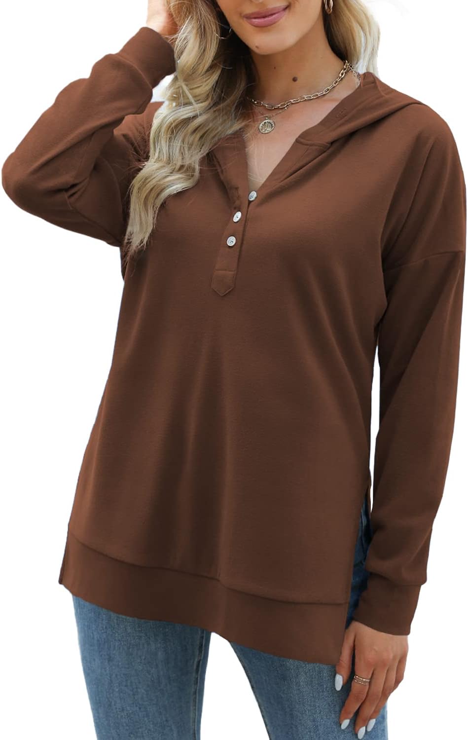 Womens Casual Button Hoodies Long Sleeve Sweatshirts V Neck Loose Sweaters Side Split - Image 2