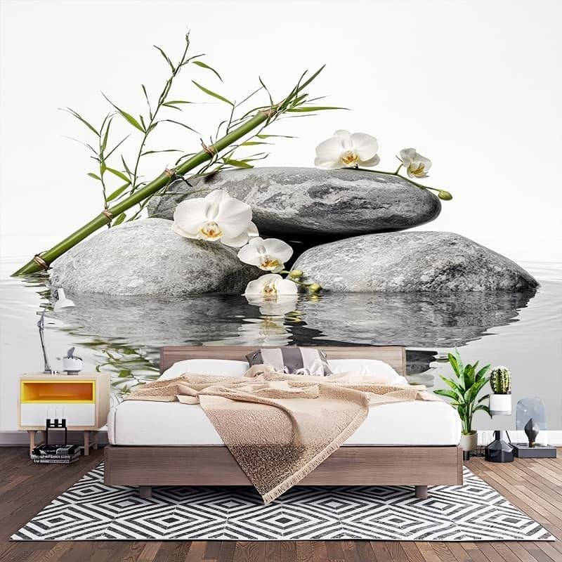 Papel Pintado Panorámico Fotomurales Pila de Piedras de OrquíDea de Bambú 350x256 cm, Murales de Pared Decoración Póster in Tejido No Tejido Blanco Personalizado 3D Para Salón Dormitorio Oficina