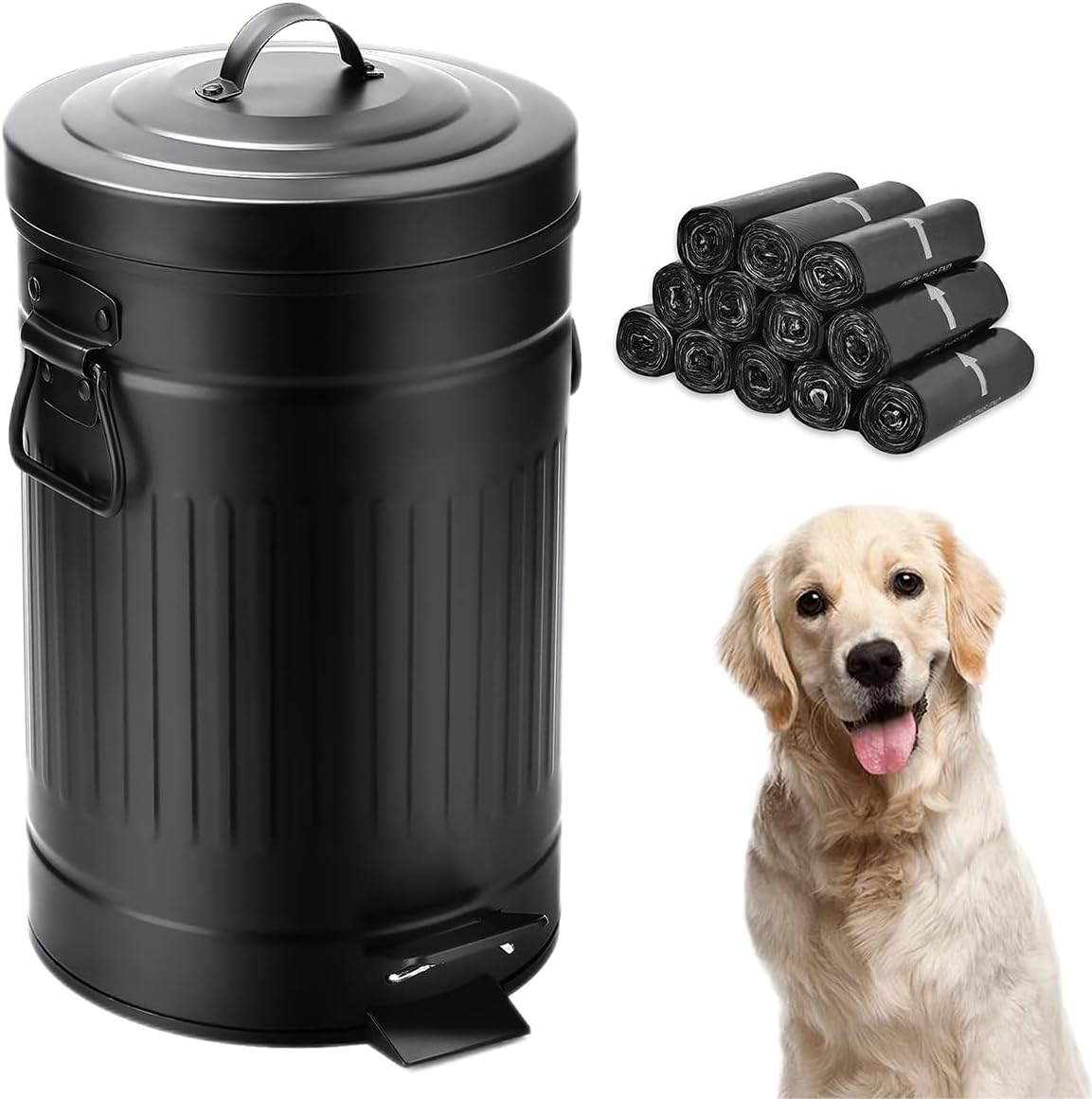 Dog Poop Trash Can with Lid for Outdoors，12-Liter Trash Can with 180PCS Black Plastic Bags, Pet Waste Container，Black-Y+180BK