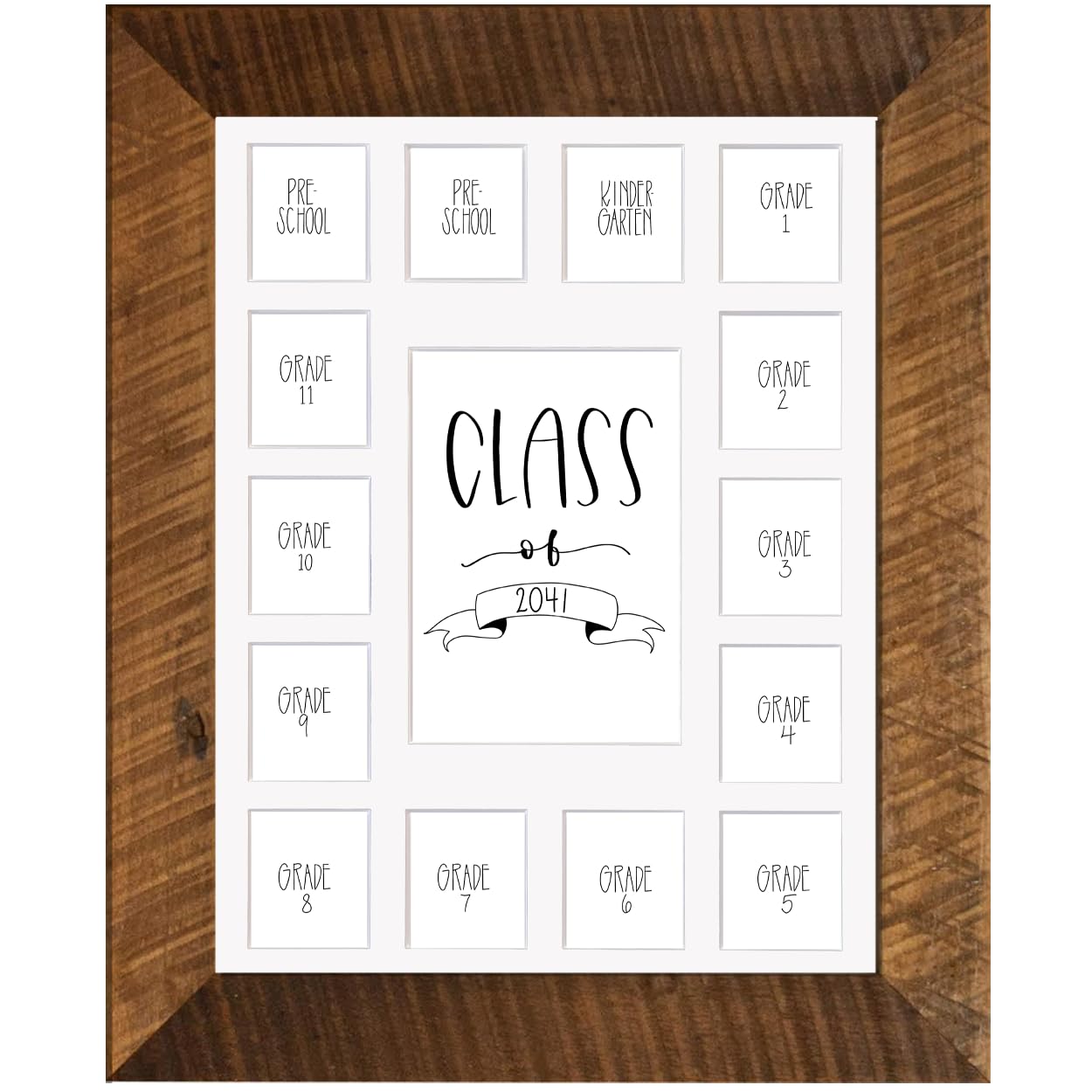 Rustic Red Door Co. School Years Reclaimed Wood Picture Frame with Mat - 11x14 Wooden Framed 15 Photo Collage Mat Pre-School &amp; Kindergarten to 12th Grade High School Graduation (Class of 2041, White)