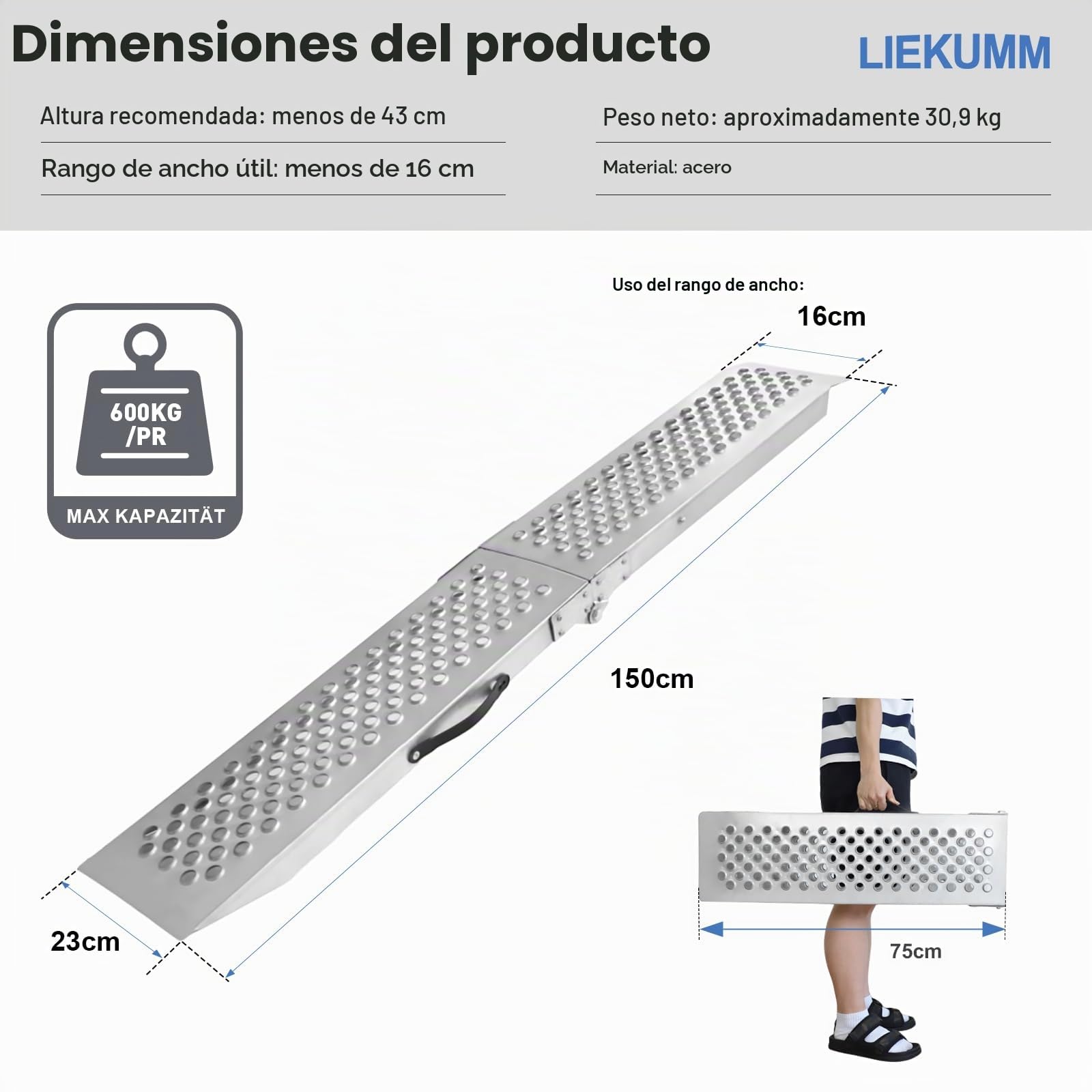 LIEKUMM Rampas de Carga, 150 cm Rampa de Acceso, rampa de Carga con perforación, 600 kg/par de Capacidad para Motocicleta, ATV, camión, Quad, cortacésped, 2 Unidades | Estable Carga máxima 600 kg, Acero Antioxidante, Adecuada Para Remolque Para Coche, Mot