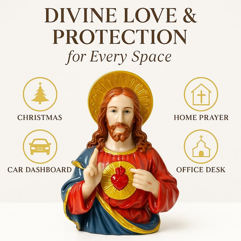 Image of Sacred Heart of Jesus Figurine | Xmas Prayer Church Idol, Glossy Marble-Look Statue for Home Decor, Car Dashboard Idol, Devotional Showpiece & Christian Festival Gift