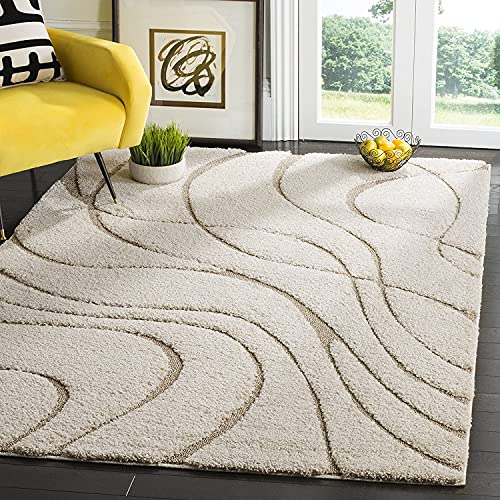 Image of Geometric Wave Shaggy Rectangular Carpet For Living Room,Bedroom,High Low Design Finish Microfiber 1.8 Inch Pile High,5X8 Feet Ivory|Beige Color