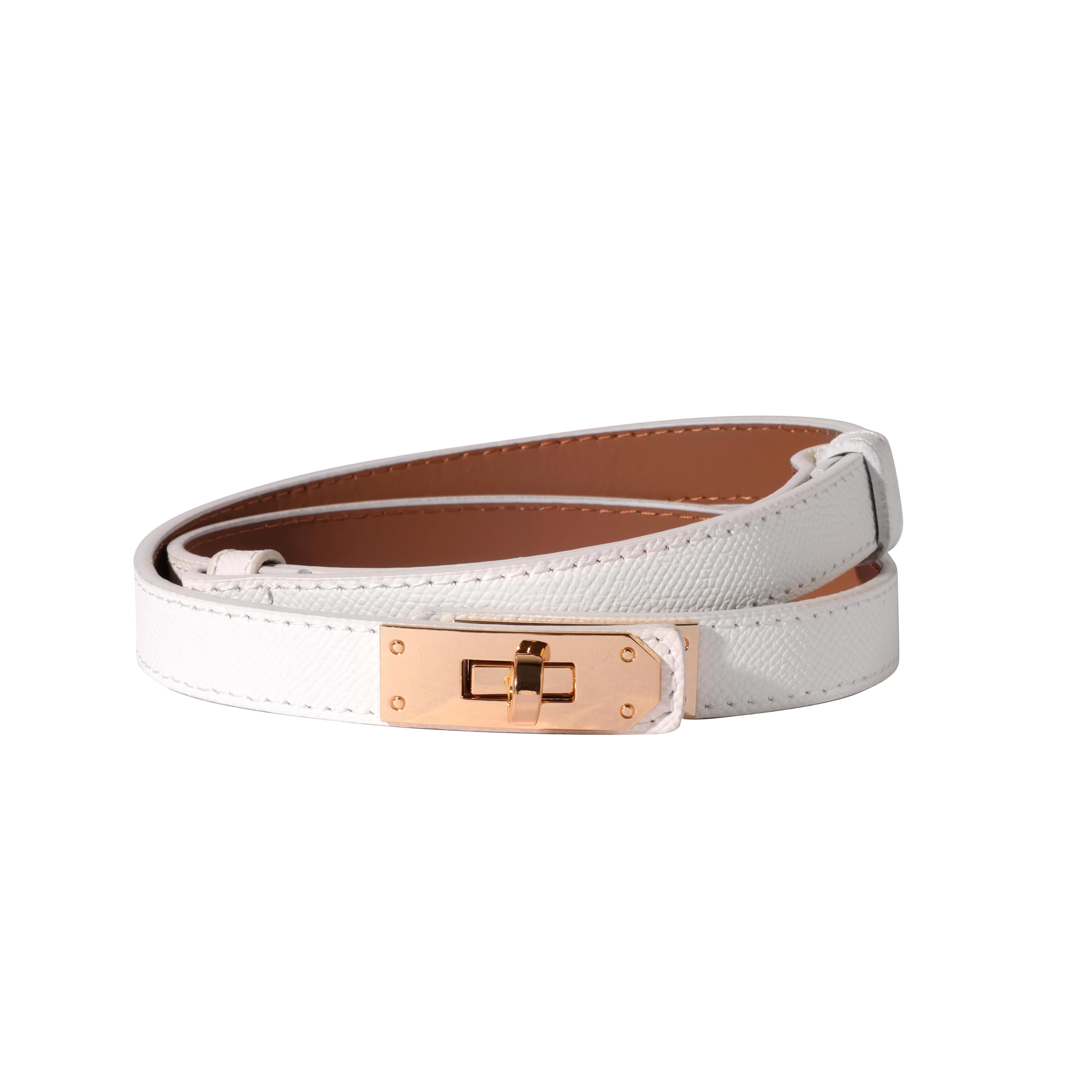 Ovekaut Women Skinny Leather Belt Solid Color Alloy Turn Lock Adjustable Waistband for Dresses Jeans Coats, White / Gold, Adjustable