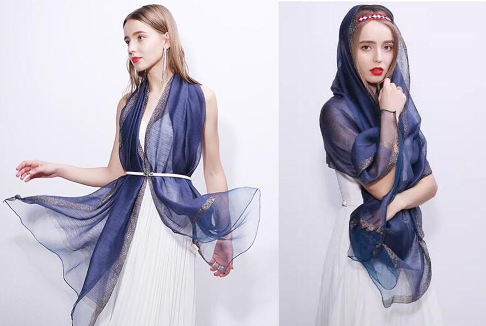 HURESON Silk Shawl Wool Scarf Elegant Soft Shawls and Wraps for Evening Dresses Weddings Red Shimmer Hijab Scarves for Women Lightweight Navy blue3